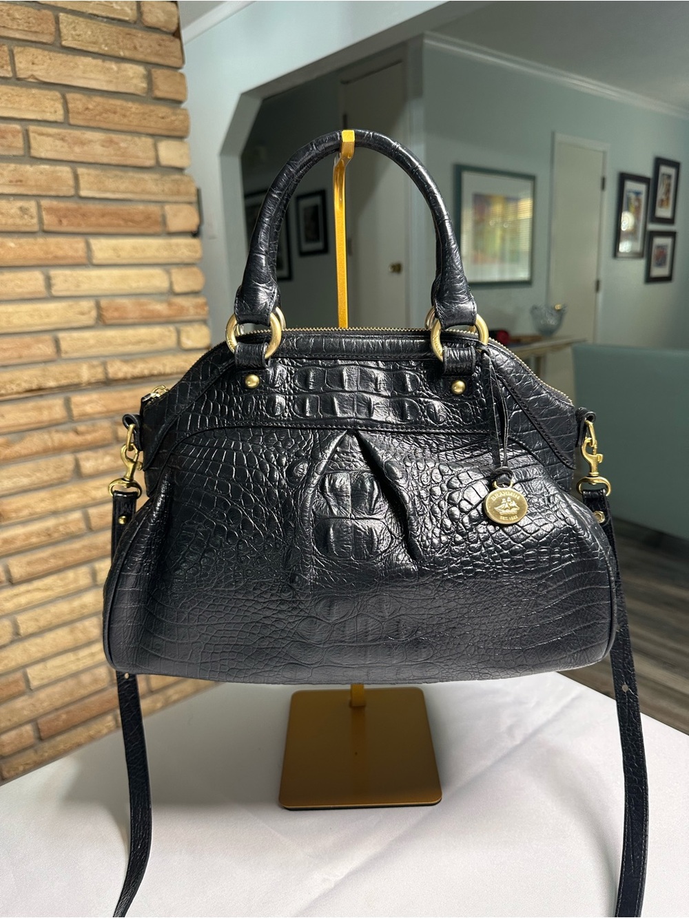 Brahmin Black Croc-Embossed Louise Rose Leather Satchel with Gold Hardware